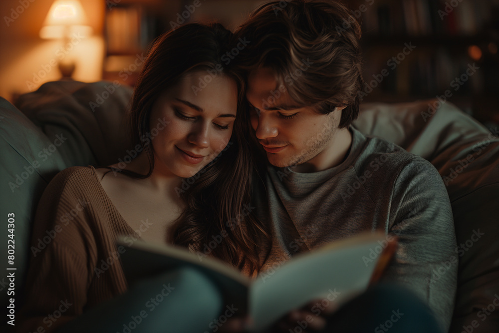 An intimate photo of a couple absorbed in reading a book together in a soft-lit cozy room An intimate photo of a couple absorbed in reading a book together in a soft-lit cozy room