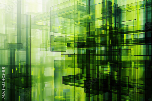 abstract horizontal image of geometric transparent green shapes and lines background
