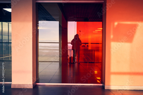 A female traveler looks at her reflection in the glass window of the airport, a tourist girl in the departure hall of the plane. The concept of travel and travel for business people.High quality photo photo