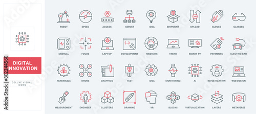 Digital technology, ideas for using AI line icons set. Medical equipment and smart TV, robot and drone of engineer, electric car and web design thin black and red outline symbols vector illustration