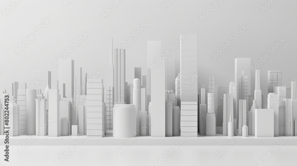 Rectangles in white studio with different heights forming a skyline of a city or a rising graph