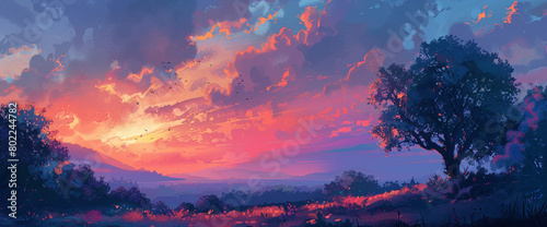 Delight in the captivating allure of a sunrise gradient vista teeming with life, where lively colors harmonize with deeper tones, setting the scene for dynamic graphic utilization.