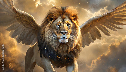 Winged lion, flying in golden clouds, mythical animals. photo