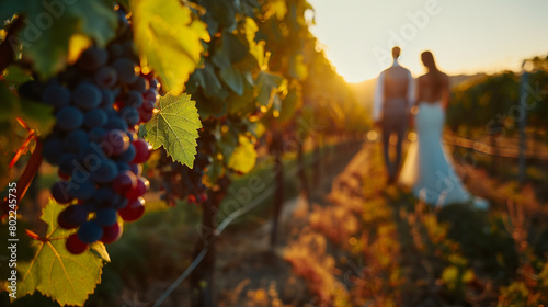 A romantic scene of a couple standing among grapevines, with the setting sun casting a warm glow on the landscape