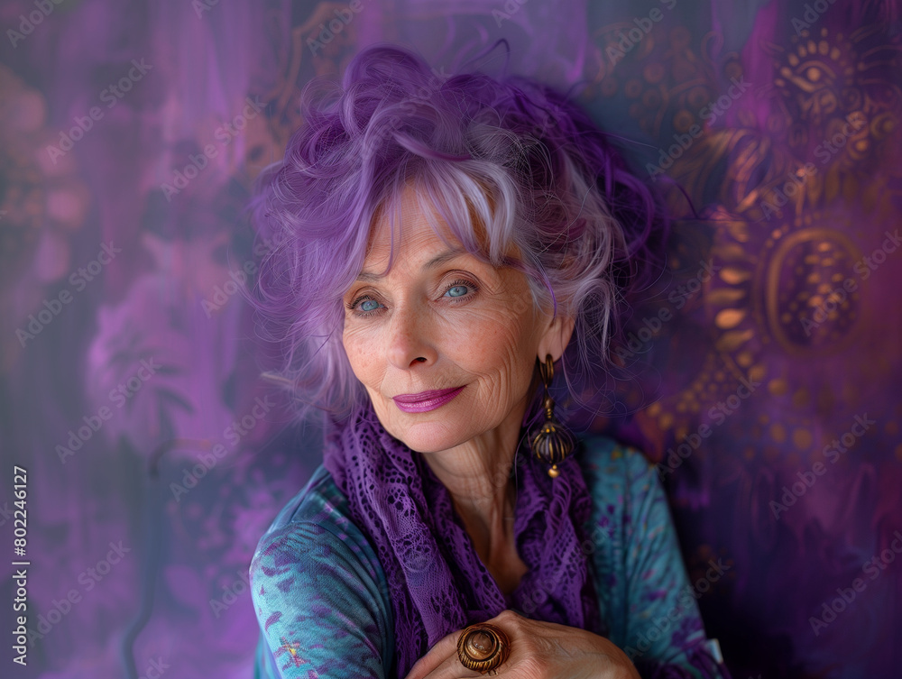 Femme âgée stylée avec une teinture de cheveux tye and dye violette, portrait de personnes variées sur fond violet Femme âgée stylée avec une teinture de cheveux tye and dye violette, portrait de personnes variées sur fond violet