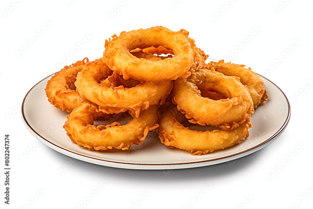 Set of golden brown and crispy onion rings piled high on a ceramic plate, isolated on a white or transparent background  Generative AI,