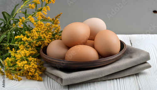 A delicate tableau of eggs nestled amid yellow blooms on a tranquil grey canvas.