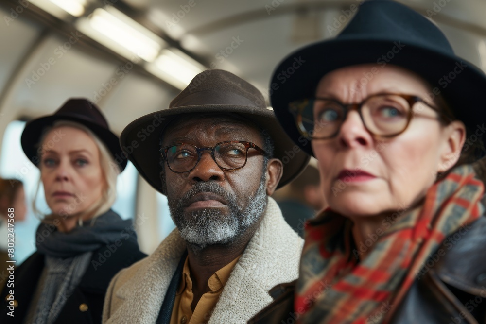 Portrait of two senior people wearing hats and scarves in the subway Portrait of two senior people wearing hats and scarves in the subway