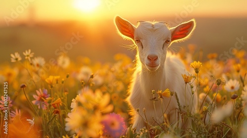 Inquisitive goat with a gentle gaze amidst a field of blooms basking in the golden hour of a countryside scene