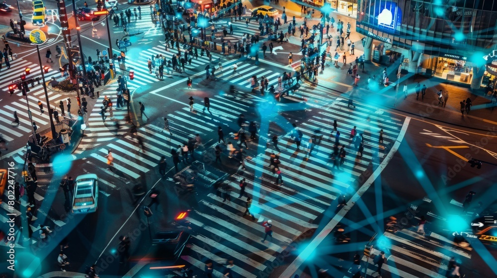 A high angle view of a busy city intersection at night, with cars and pedestrians moving through the streets, illuminated by street lights and traffic signals.