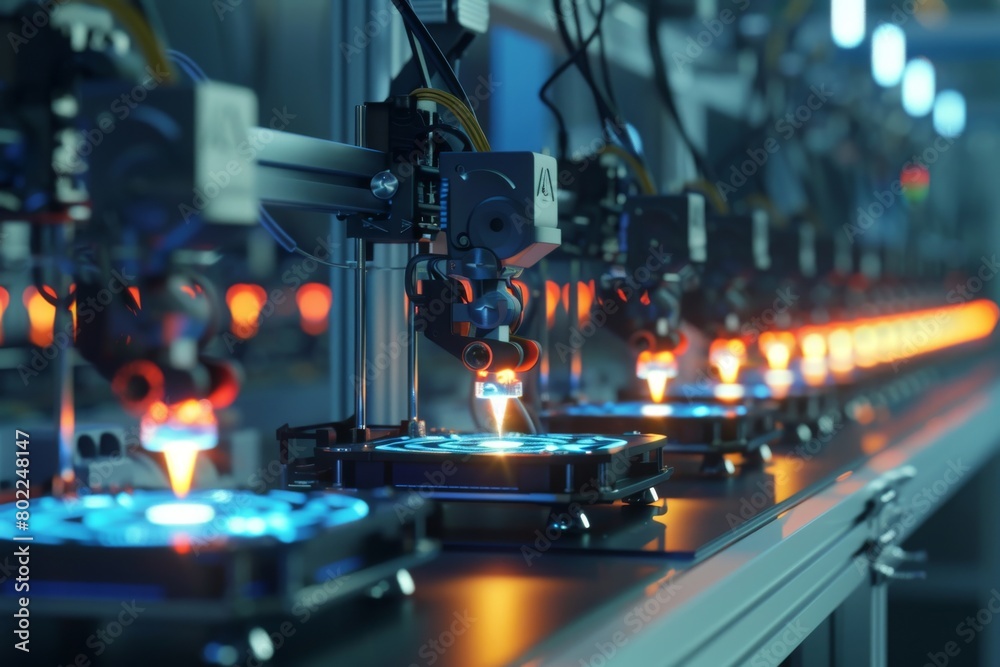 A line of 3D printers operating together in a modern, futuristic workshop A line of 3D printers operating together in a modern, futuristic workshop