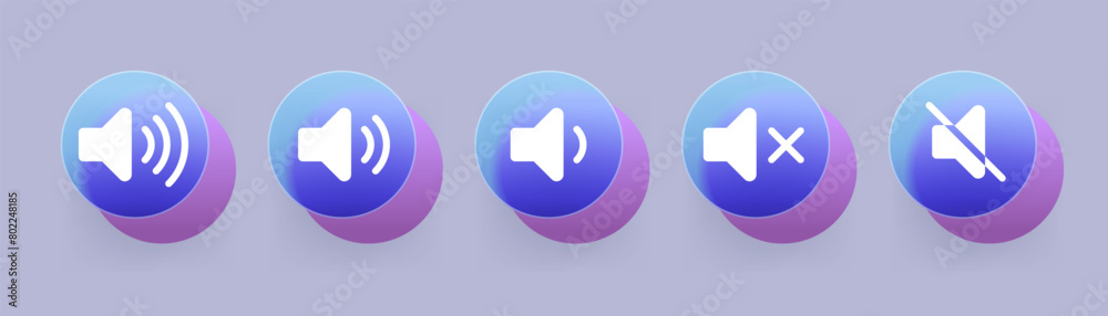 Round glass morphism speaker icon set. Sound volume level sign vector collection Round glass morphism speaker icon set. Sound volume level sign vector collection