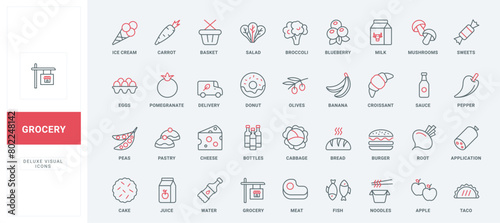 Grocery and supermarket food products for delivery line icons set. Basket of store for fresh meat and fish, fruit and vegetables, milk and cheese thin black and red outline symbols vector illustration