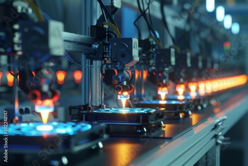 A line of 3D printers operating together in a modern  futuristic workshop