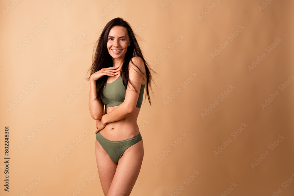 Obraz premium Photo of pretty stunning girl gentle touch body enjoy body imperfection in new underwear isolated pastel color background