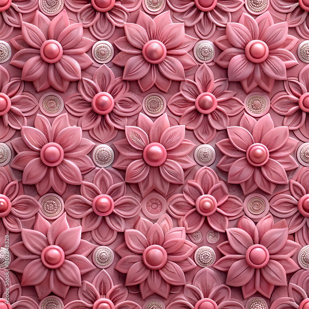 Textile with a symmetrical pattern of magenta petals on a pink background - seamless pattern with pink flowers