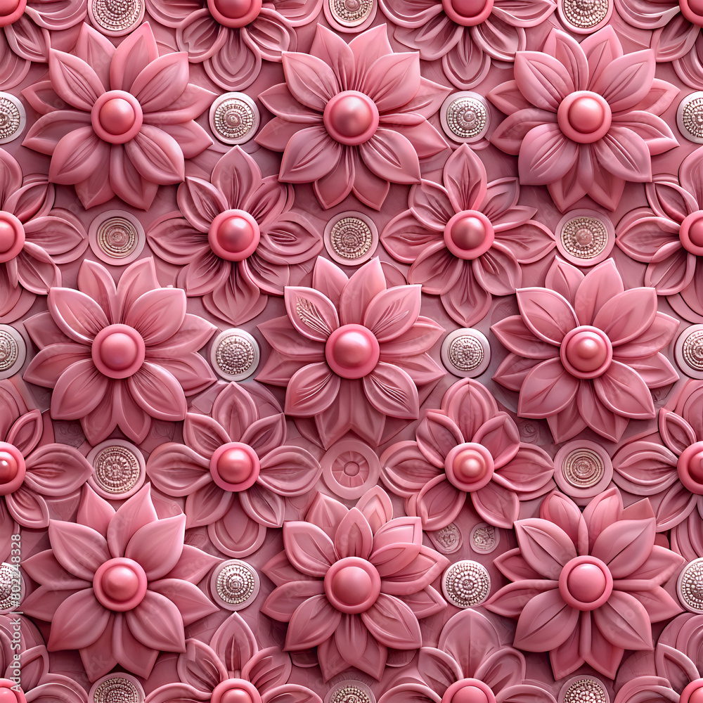 Textile with a symmetrical pattern of magenta petals on a pink background - seamless pattern with pink flowers Textile with a symmetrical pattern of magenta petals on a pink background - seamless pattern with pink flowers