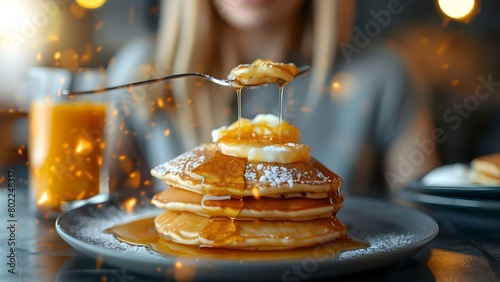 Young woman savoring fresh pancakes during breakfast at a cafe. Concept Food Photography  Breakfast Scene  Dining Out  Young Woman  Fresh Pancakes