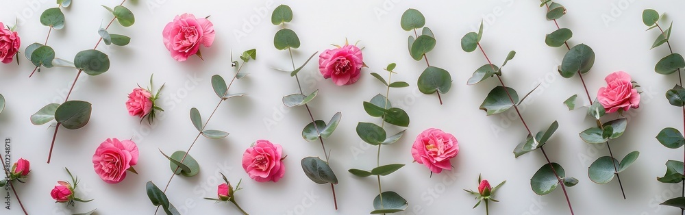 Floral Arrangement with Pink Flowers and Eucalyptus on White Background for Valentine's Day, Mother's Day, and Women's Day - Flat Lay Top View