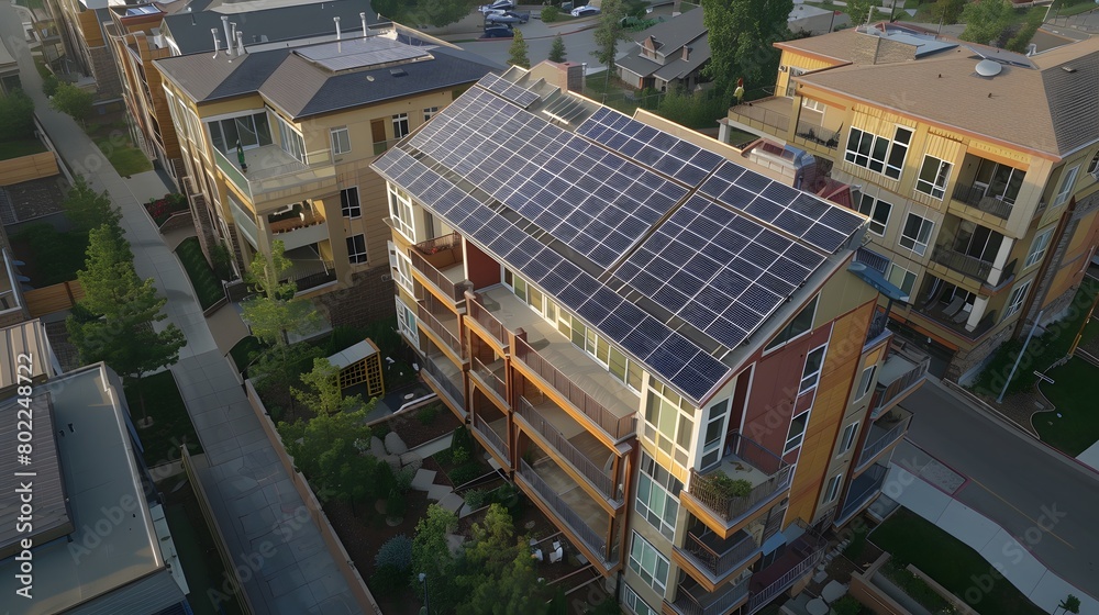 Aerial view of the solar panel system in the top of building used to generate electricity, sustainable urban planning with renewable energy. Ai generative