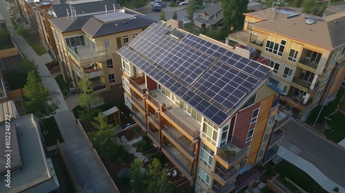 Aerial view of the solar panel system in the top of building used to generate electricity  sustainable urban planning with renewable energy. Ai generative