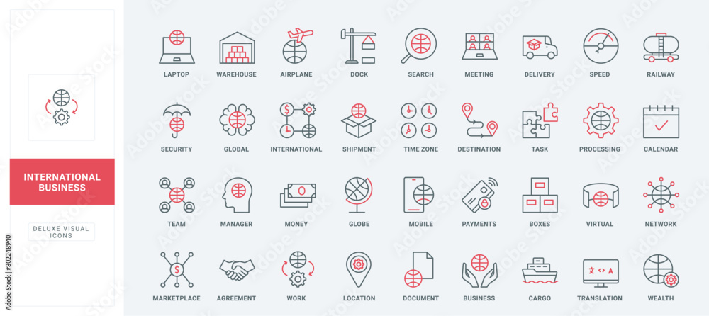 International business line icons set. Search for services for payment, delivery and marketplace warehouse, meeting calendar and agreement thin black and red outline symbols vector illustration