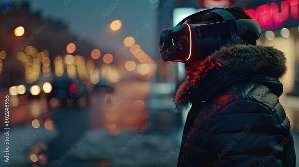 Young man in VR glasses on the streets of a modern city. The city ...