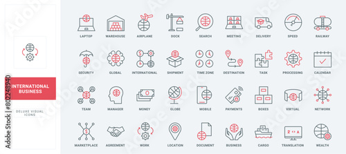 International business line icons set. Search for services for payment, delivery and marketplace warehouse, meeting calendar and agreement thin black and red outline symbols vector illustration