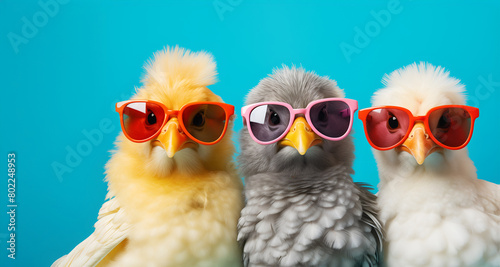 Creative animal concept. Group of chick chicken hen friends in sunglass shade glasses isolated on solid pastel background  commercial  editorial advertisement  copy text space  