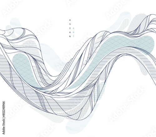 Abstract oriental Japanese art vector background, traditional style design, wavy shapes and mountains terrain landscape, runny like sea lines.