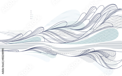 Oriental Japanese style vector abstract illustration, background in Asian traditional style, wavy shapes and mountains terrain, runny like sea lines.