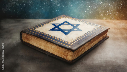 Abstract illustration of the holy book Torah, Hebrew Bible, Pentateuch on a wooden table across the universe with stars and milky way	 photo
