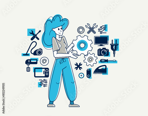 Woman technician engineer repairing household appliances, repairman service vector outline illustration, engineer fixing and upgrading different technics.