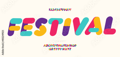 Festival font bold coloful flat style for summer party poster, t shirt, flier, decoration, card, sale banner, printing on fabric, industrial. Cool typeface. Trendy alphabet. Vector 10 eps