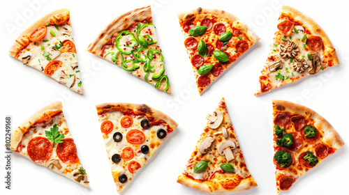 Different slices of pizza on white background