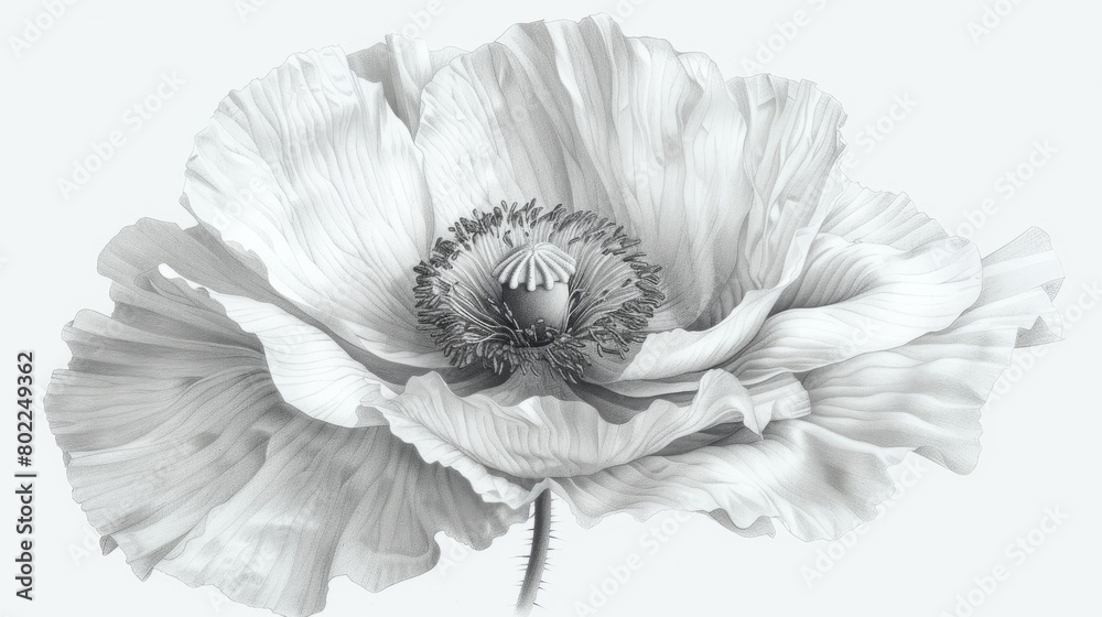 A black and white photo of a poppy flower in full bloom against a white background. A black and white photo of a poppy flower in full bloom against a white background.