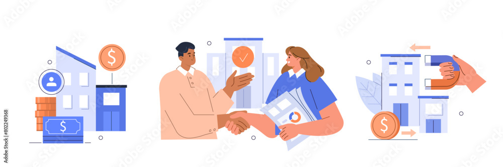 Merger and acquisition set. Stakeholders deal, agreement, offer, company selling and expansion finance concept. Business people making handshake. Vector illustration. Merger and acquisition set. Stakeholders deal, agreement, offer, company selling and expansion finance concept. Business people making handshake. Vector illustration.