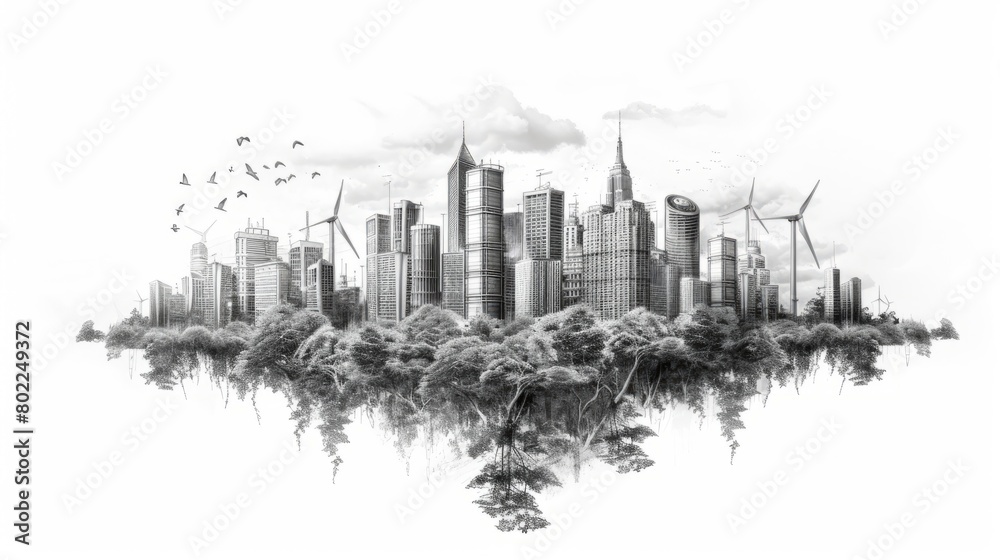 Obraz premium A black and white sketch of a city with trees and wind turbines.