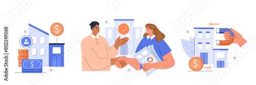 Merger and acquisition set. Stakeholders deal, agreement, offer, company selling and expansion finance concept. Business people making handshake. Vector illustration.