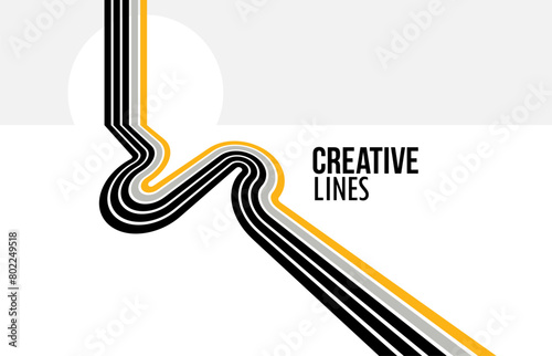 Linear composition vector road to horizon, abstract background with lines in 3D perspective, optical illusion op art, black and yellow colors.
