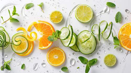Fresh citrus slices and cucumber with mint leaves on a wet white surface
