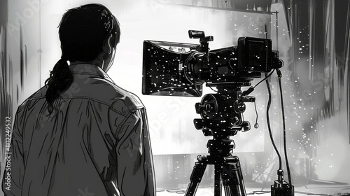 A black and white sketch of a person standing with their back turned, looking at a movie camera on a tripod. photo