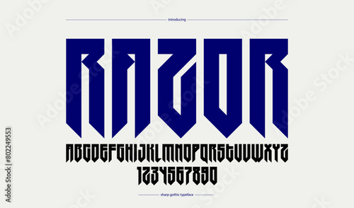 Sharp and bold tall gothic font for logo creation of for headlines, edgy geometric modern vector condensed typeface, heavy metal and hard rock style alphabet with numbers.