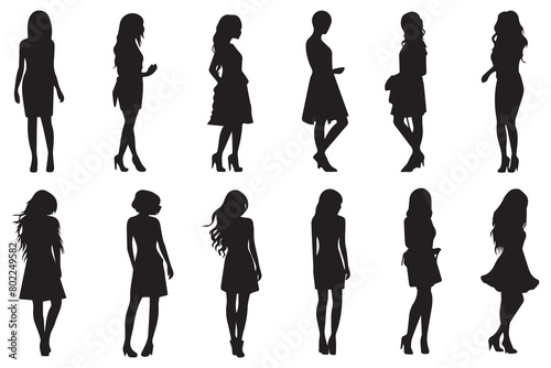 Black silhouettes set of girls on white background Vector Illustration