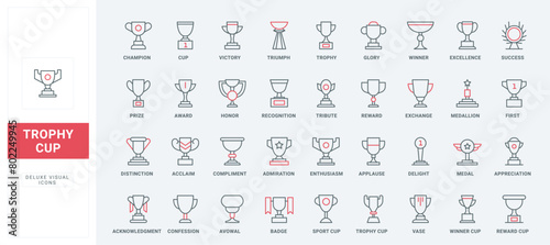 Trophy cup line icons set. winners award, goblet prize for victory in championship or contest, sport tournament or competition, champion reward thin black and red outline symbols vector illustration