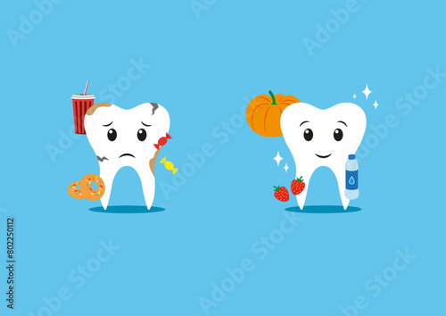 Dental care vector illustration. Teeth that are unhealthy, broken and sad, healthy and smiling, and foods arranged around them that are healthy and harmful to dental health.