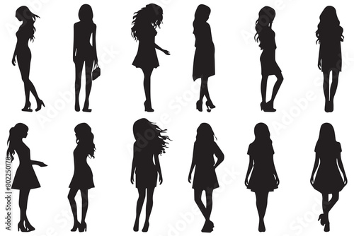 Black silhouettes set of girls on white background Vector Illustration