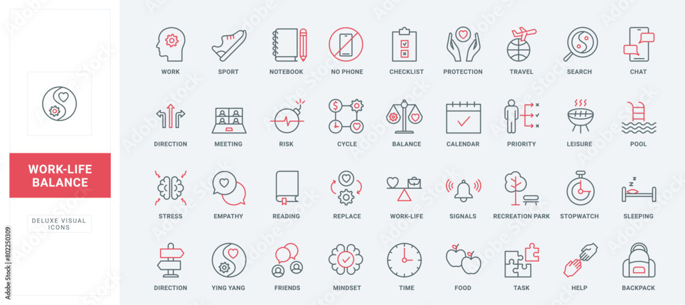 Work life balance line icons set. Search and plan tasks for office and ...