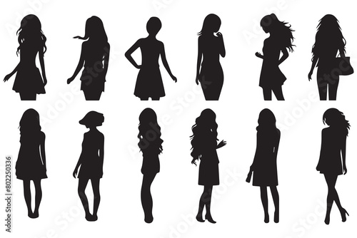 Black silhouettes set of girls on white background Vector Illustration