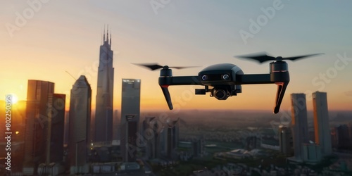 Dynamic composition showcasing the speed and precision of online delivery technology, with a fleet of autonomous drones flying in formation against a backdrop of city